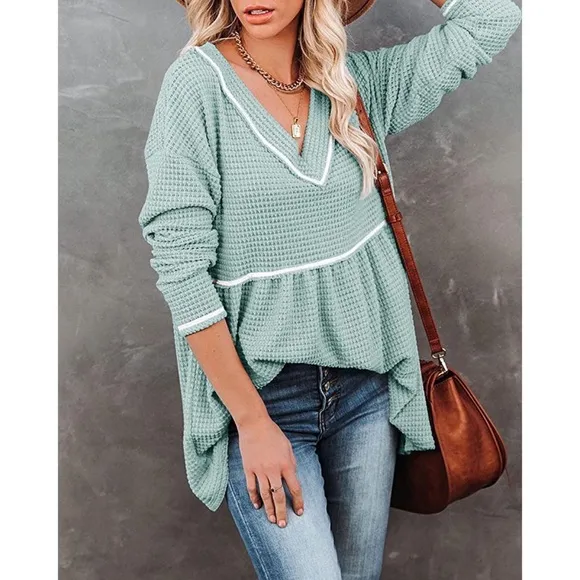 Waffle V Neck Tunic Peplum Flowy Swing Loose Long Sleeve Sweater Lake Green S