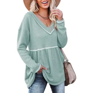 Waffle V Neck Tunic Peplum Flowy Swing Loose Long Sleeve Sweater Lake Green S