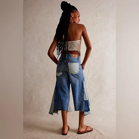 We The Free People Ripple Patchwork Wide Leg Kick Flare Cropped Jeans | Size 27
