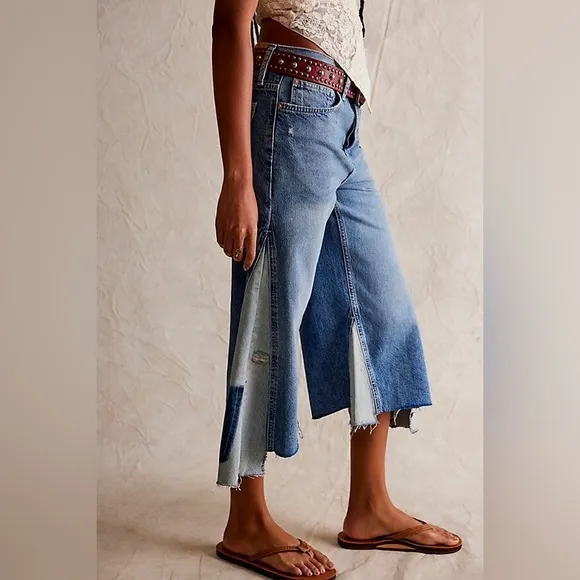 We The Free People Ripple Patchwork Wide Leg Kick Flare Cropped Jeans | Size 27