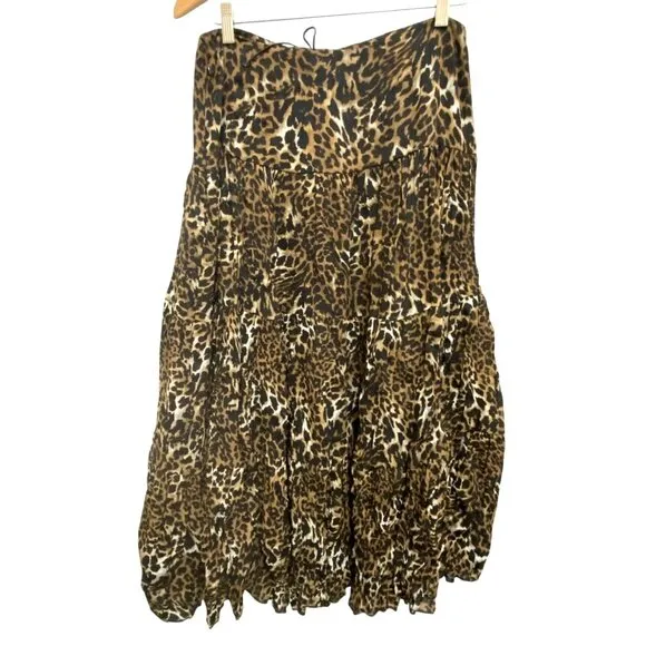 Western Boho Chic Cowgirl Multi Tiered Leopard Long Skirt Elastic Waist 12 VTG