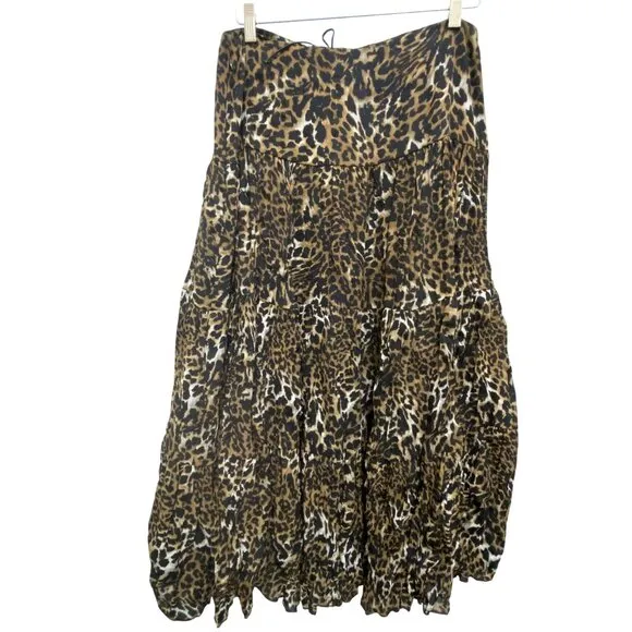 Western Boho Chic Cowgirl Multi Tiered Leopard Long Skirt Elastic Waist 12 VTG