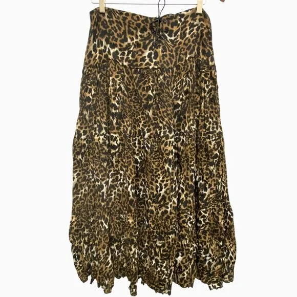 Western Boho Chic Cowgirl Multi Tiered Leopard Long Skirt Elastic Waist 12 VTG