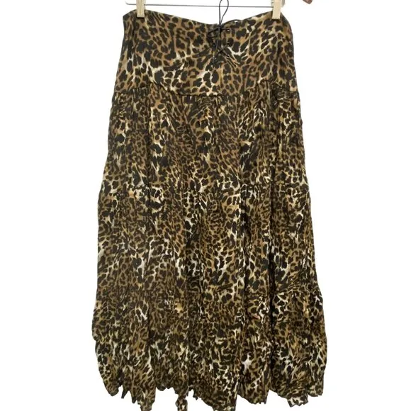 Western Boho Chic Cowgirl Multi Tiered Leopard Long Skirt Elastic Waist 12 VTG