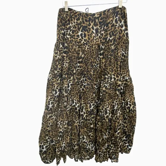 Western Boho Chic Cowgirl Multi Tiered Leopard Long Skirt Elastic Waist 12 VTG