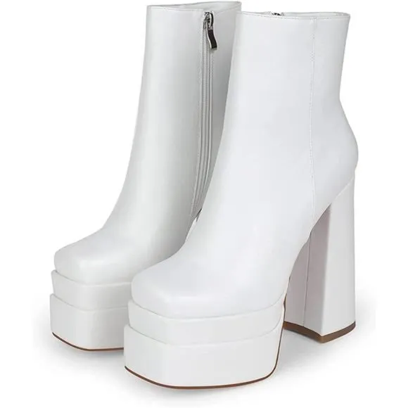 wetkiss Platform Boots Platform, Chunky Heel, Square Toe and Side Zipper Design