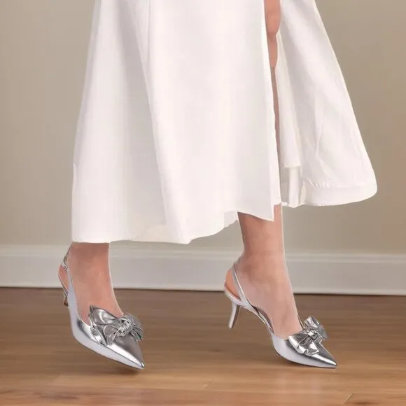 Women Silver Slingback Kitten Heels Pointed Closed Toe Low Heel with Buckle
