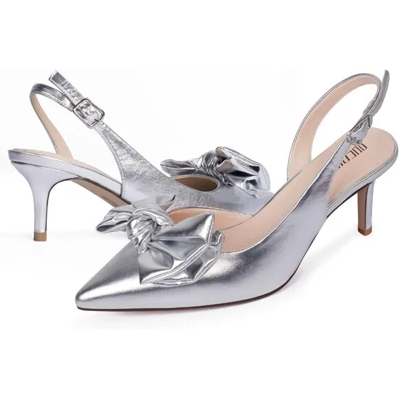 Women Silver Slingback Kitten Heels Pointed Closed Toe Low Heel with Buckle