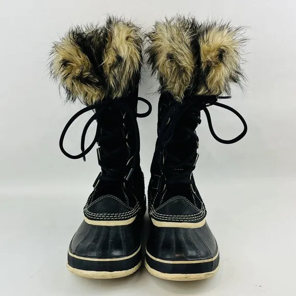 Womens 8 Sorel Joan of Arctic Boot Black Quarry‎ Suede Faux Fur Laces Waterproof