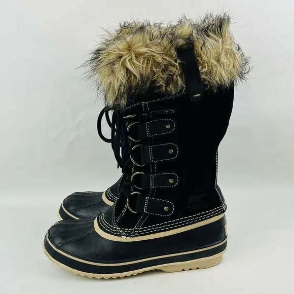 Womens 8 Sorel Joan of Arctic Boot Black Quarry‎ Suede Faux Fur Laces Waterproof