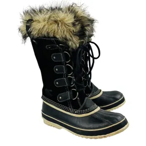 Womens 8 Sorel Joan of Arctic Boot Black Quarry‎ Suede Faux Fur Laces Waterproof