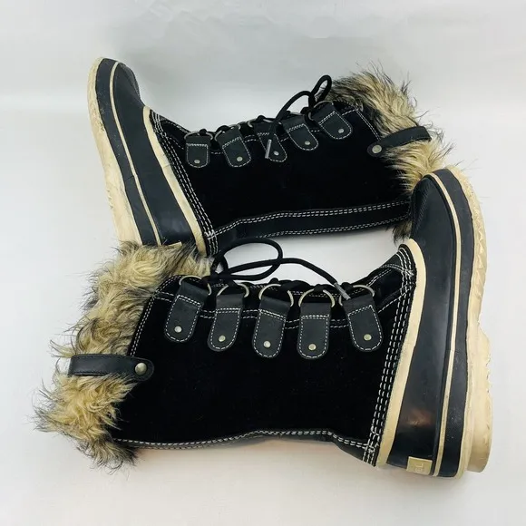 Womens 8 Sorel Joan of Arctic Boot Black Quarry‎ Suede Faux Fur Laces Waterproof