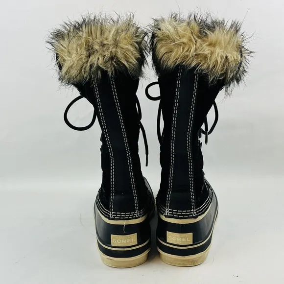 Womens 8 Sorel Joan of Arctic Boot Black Quarry‎ Suede Faux Fur Laces Waterproof