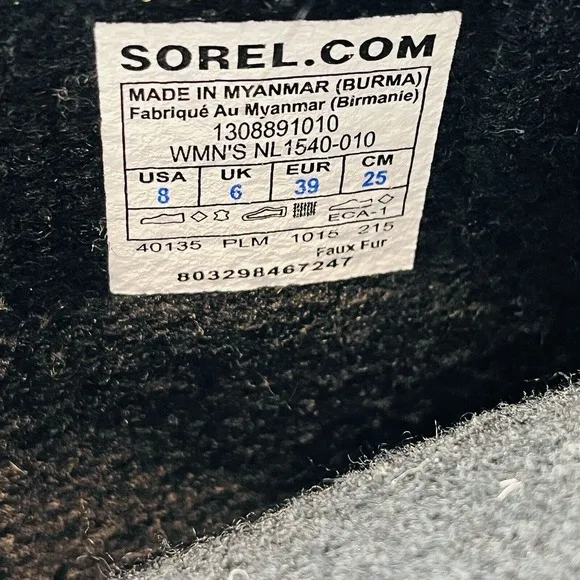 Womens 8 Sorel Joan of Arctic Boot Black Quarry‎ Suede Faux Fur Laces Waterproof