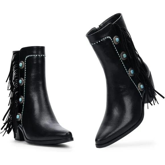 Women's Black Polyurethane Chunky Block Heel Cowgirl Boots