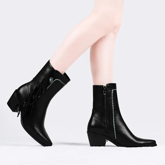 Women's Black Polyurethane Chunky Block Heel Cowgirl Boots