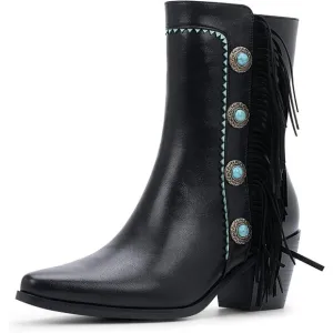 Women's Black Polyurethane Chunky Block Heel Cowgirl Boots