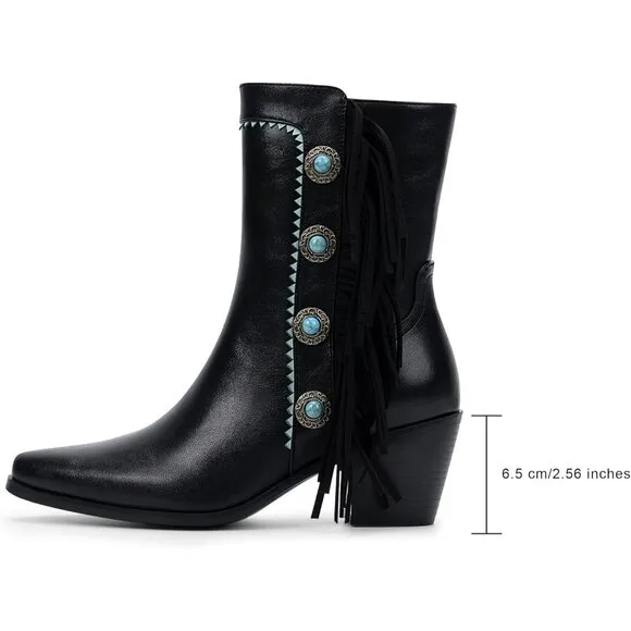 Women's Black Polyurethane Chunky Block Heel Cowgirl Boots