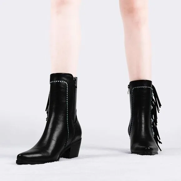 Women's Black Polyurethane Chunky Block Heel Cowgirl Boots