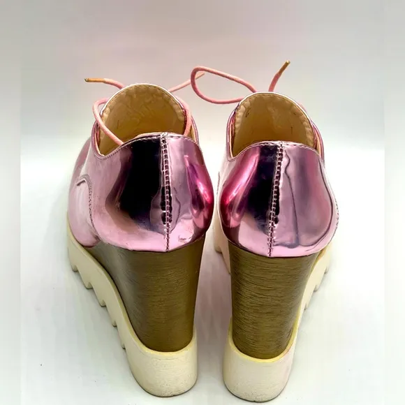 Womens Brogue Patent Leather Wedge Heels Creepers Pink Punk Shoes US 7/EU 37
