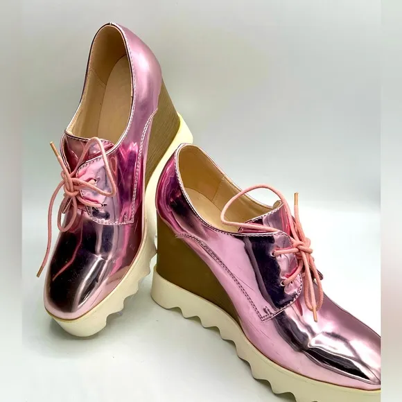 Womens Brogue Patent Leather Wedge Heels Creepers Pink Punk Shoes US 7/EU 37