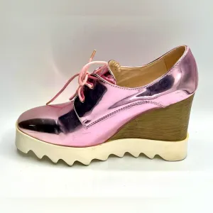 Womens Brogue Patent Leather Wedge Heels Creepers Pink Punk Shoes US 7/EU 37