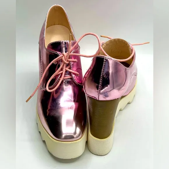 Womens Brogue Patent Leather Wedge Heels Creepers Pink Punk Shoes US 7/EU 37