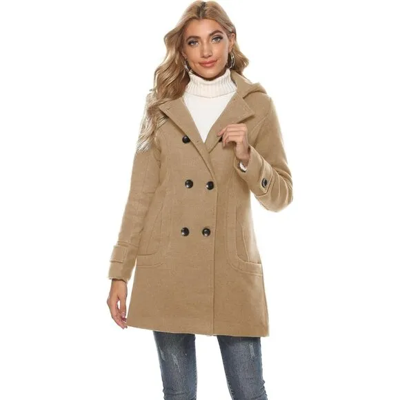 ✨Women's Brown Warm Double Breasted Wool Pea Coat Trench Coat with Hood Jacket