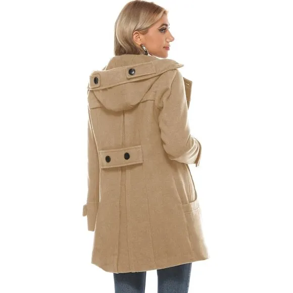 ✨Women's Brown Warm Double Breasted Wool Pea Coat Trench Coat with Hood Jacket