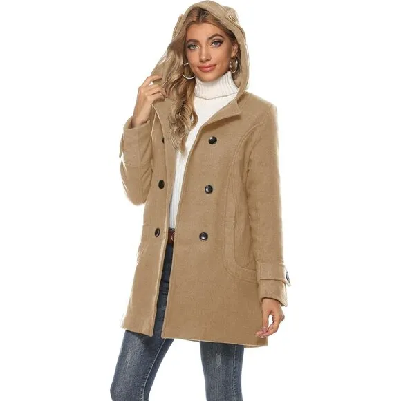 ✨Women's Brown Warm Double Breasted Wool Pea Coat Trench Coat with Hood Jacket