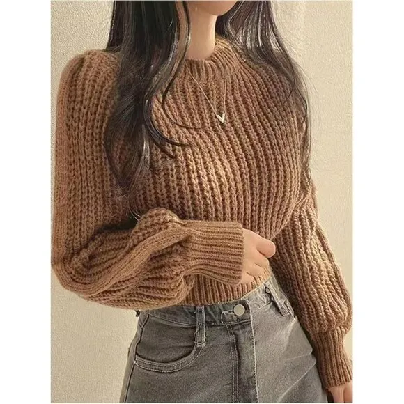 Women's Cable Knit Long Sleeve Cropped Sweater Crewneck Tight Hem Sweater