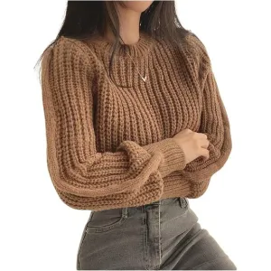 Women's Cable Knit Long Sleeve Cropped Sweater Crewneck Tight Hem Sweater