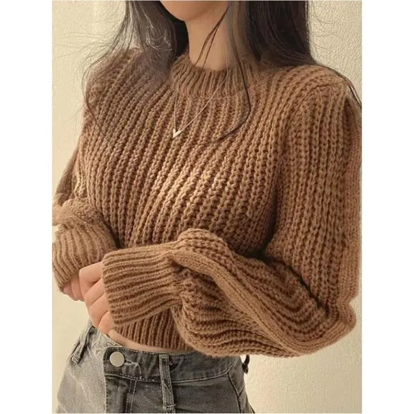 Women's Cable Knit Long Sleeve Cropped Sweater Crewneck Tight Hem Sweater