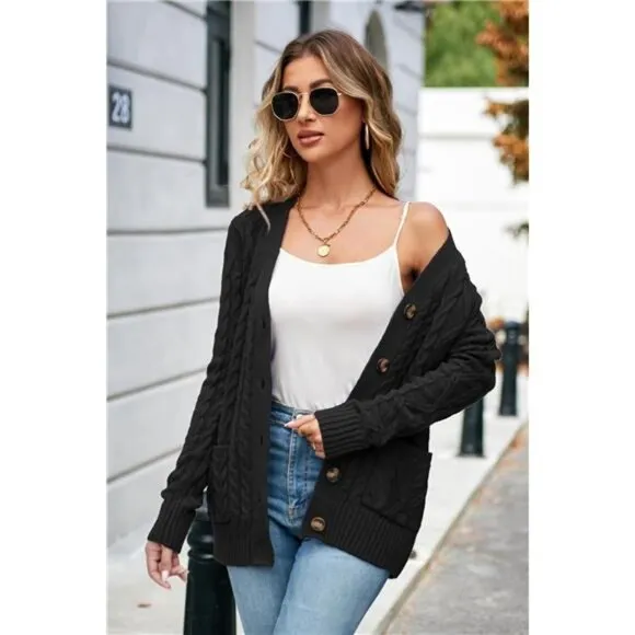 Women's Cable Knit Open Front Button Down Cardigan Sweater Long Sleeve Chunky