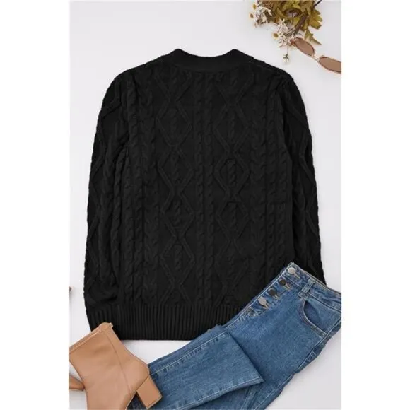 Women's Cable Knit Open Front Button Down Cardigan Sweater Long Sleeve Chunky