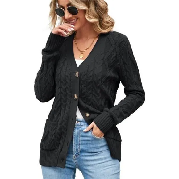 Women's Cable Knit Open Front Button Down Cardigan Sweater Long Sleeve Chunky