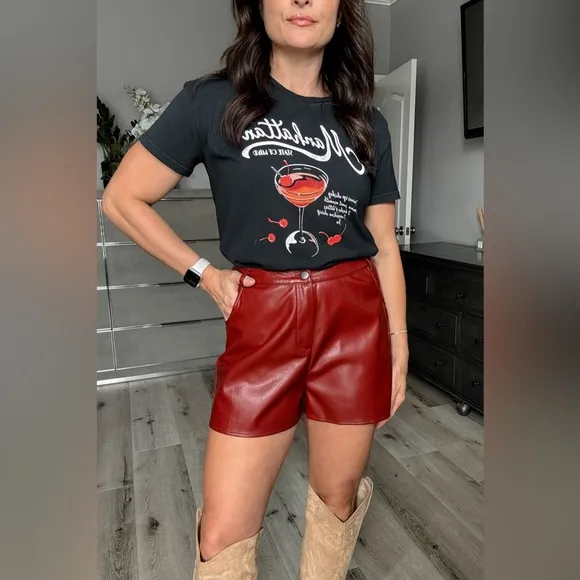 Women's Cherry Red Faux Leather Shorts | Red
