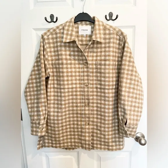 Women’s Frame tan/cream gingham plaid suit jacket sz XS (runs large)