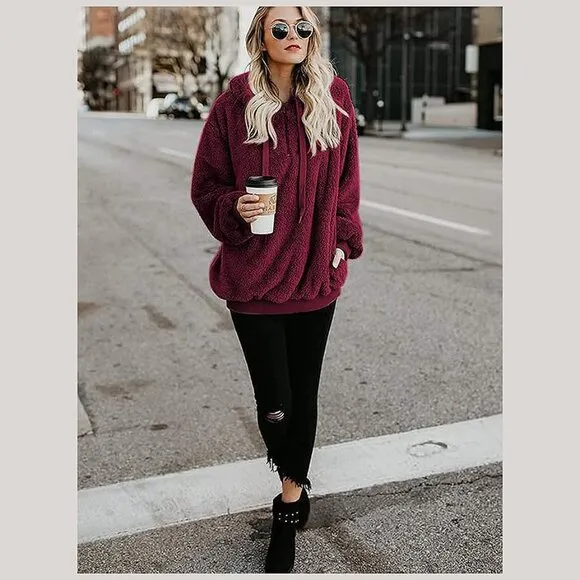 Women's Fuzzy Hoodies Sport Pullover Hoodie Wine Red