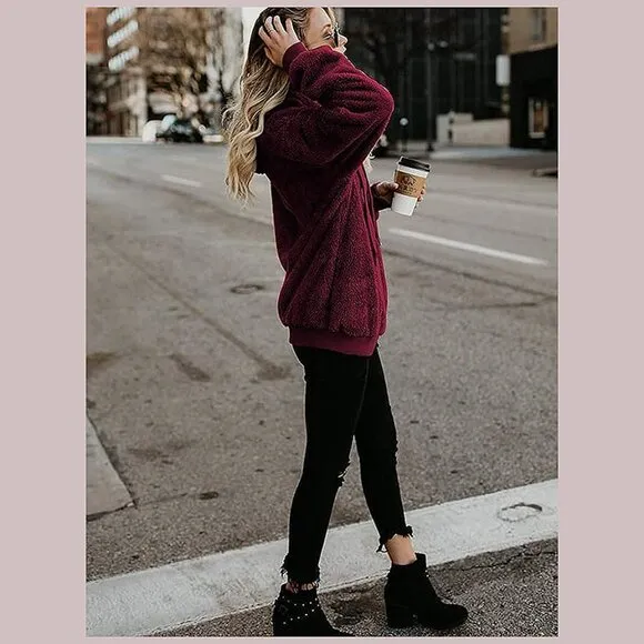 Women's Fuzzy Hoodies Sport Pullover Hoodie Wine Red
