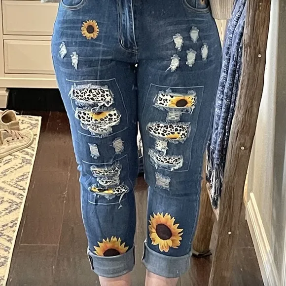 Womens jeans Plaid Patch Ripped Boyfriend Distressed Stretch Skinny Denim Jeans