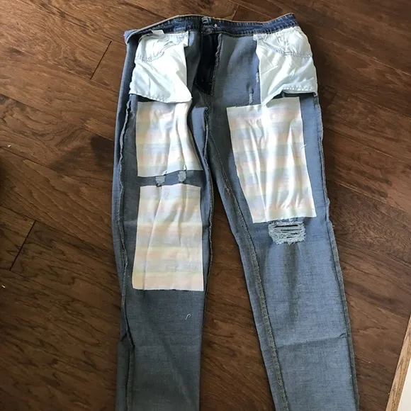 Womens jeans Plaid Patch Ripped Boyfriend Distressed Stretch Skinny Denim Jeans