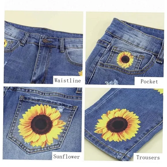 Womens jeans Plaid Patch Ripped Boyfriend Distressed Stretch Skinny Denim Jeans