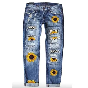 Womens jeans Plaid Patch Ripped Boyfriend Distressed Stretch Skinny Denim Jeans
