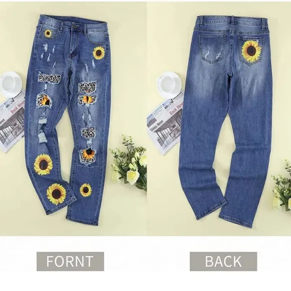 Womens jeans Plaid Patch Ripped Boyfriend Distressed Stretch Skinny Denim Jeans