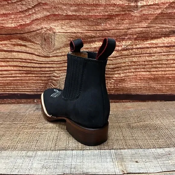Women's Nubuck Leather Western Cowgirl Half Boot Black Rodeo Botin Piel Negro