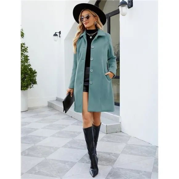 Womens Peacoat Faux Wool Blend Single Breasted Long Trench Coat Dress