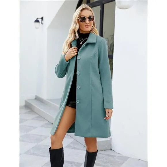 Womens Peacoat Faux Wool Blend Single Breasted Long Trench Coat Dress