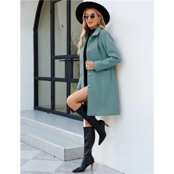 Womens Peacoat Faux Wool Blend Single Breasted Long Trench Coat Dress