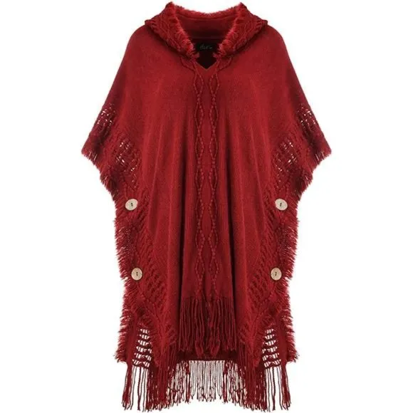 Women's Poncho Sweater Cozy Knit Burgundy